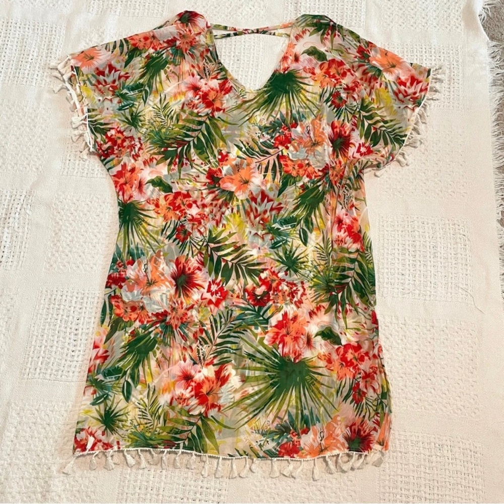 Green and Red Tropical Swim Coverup with Flutter Sleeves